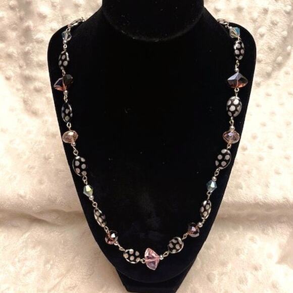 Vintage Silver Dot Stone, Pink Glass, & Iridescent Swarovski Crystal Necklace - Picture 1 of 5